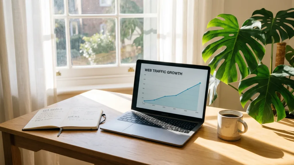 Bureau à domicile avec tableau de bord de statistiques web d'affiliation