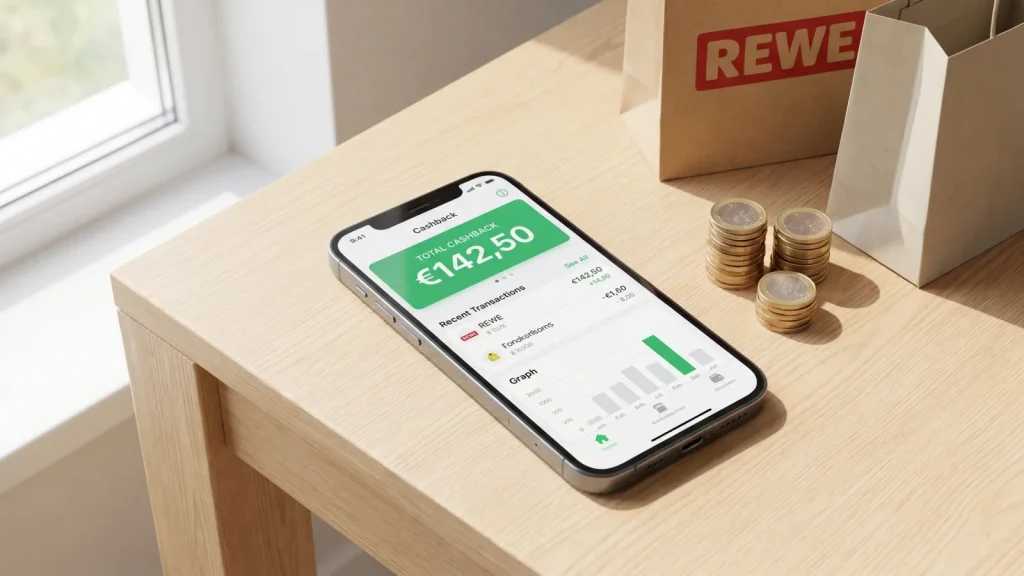Application de cashback sur smartphone avec pieces et sacs de shopping