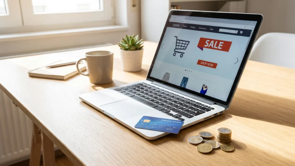 Ordinateur portable, carte bancaire et pieces pour cumuler cashback et codes promo