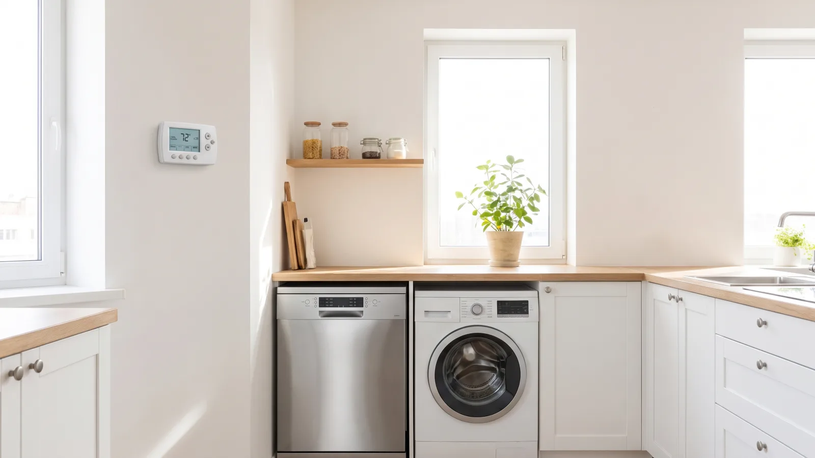 Cuisine équipée d'électroménager économe et thermostat programmable pour économiser l'énergie