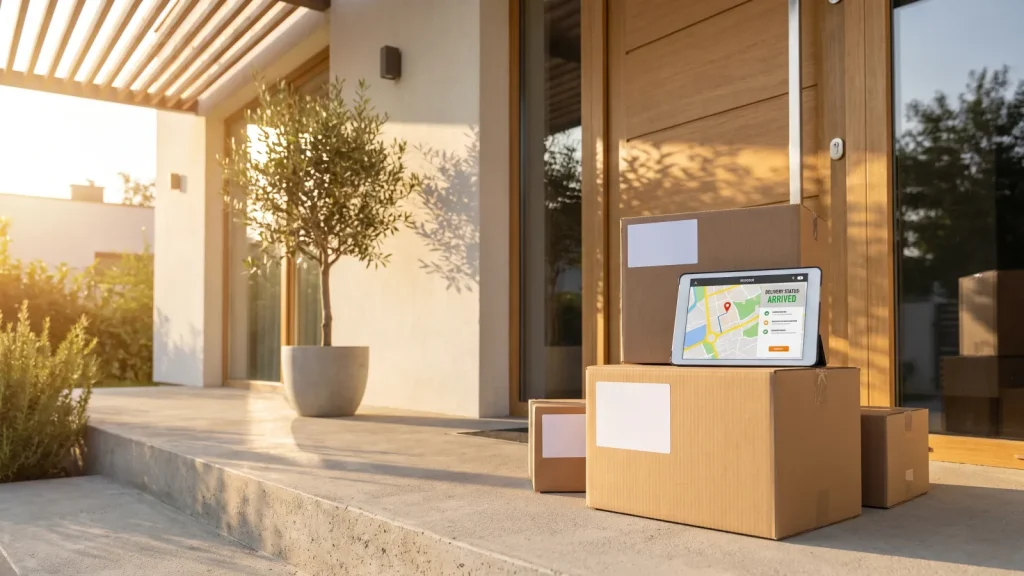 Colis de livraison devant une porte avec une tablette affichant le suivi de commande