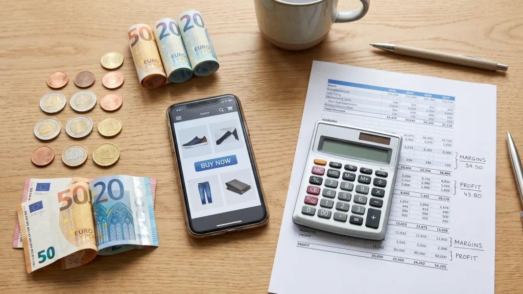 Pièces et billets en euros, smartphone et calculatrice pour calculer une marge