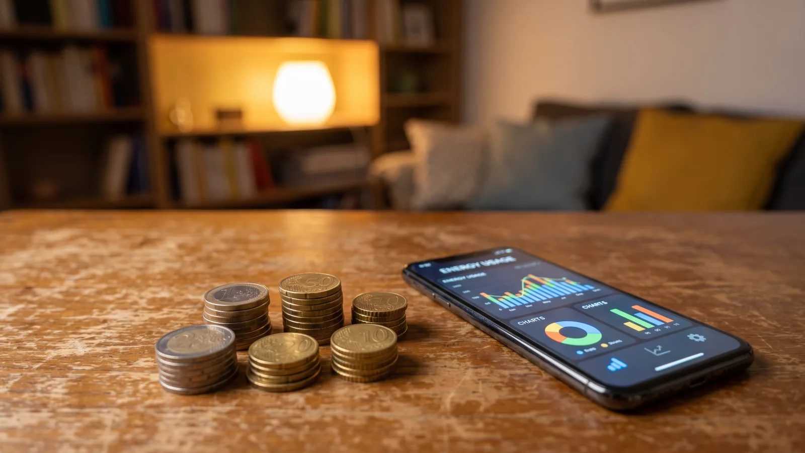 Pièces en euros et smartphone affichant le suivi de consommation électrique