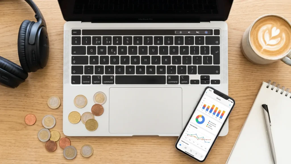 Espace de travail freelance : clavier, pièces en euros et smartphone