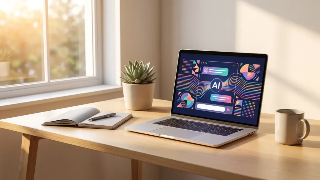 Bureau à domicile lumineux avec ordinateur portable affichant une IA