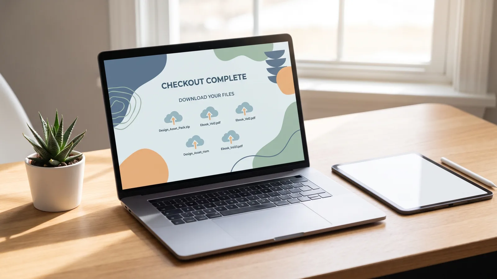 Écran d'ordinateur portable affichant une interface de boutique en ligne avec téléchargement de fichiers