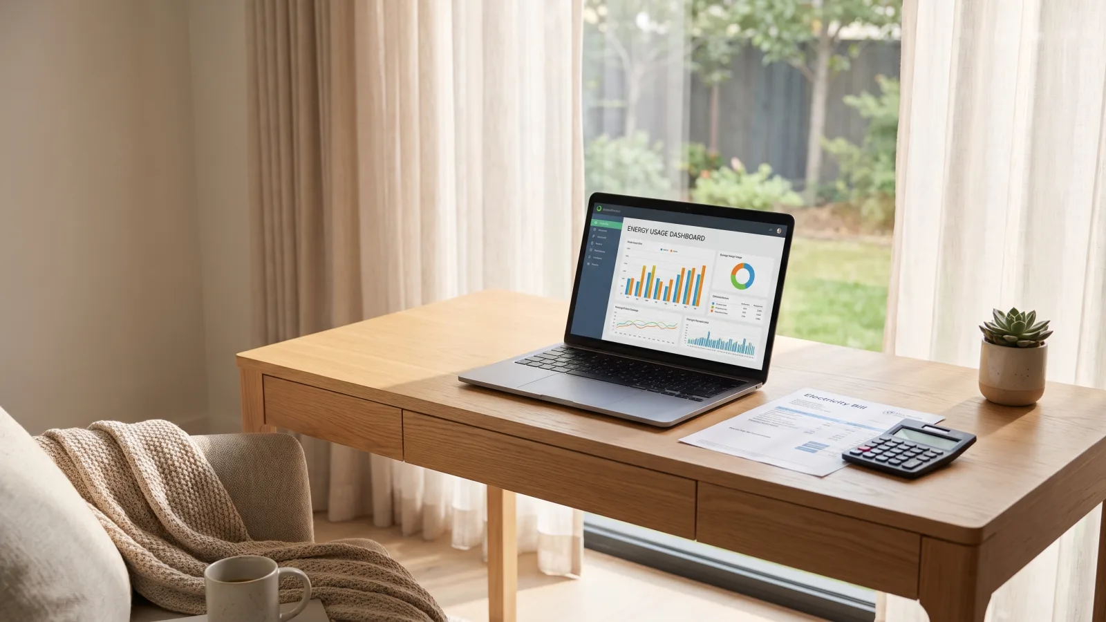Bureau lumineux avec ordinateur portable, facture d'électricité et calculatrice pour réduire sa consommation