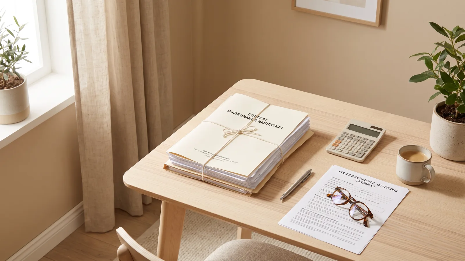 Contrats d'assurance, calculatrice et stylo sur un bureau lumineux pour renégocier ses assurances