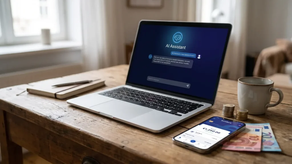 Ordinateur portable, smartphone et pièces en euros symbolisant les revenus IA