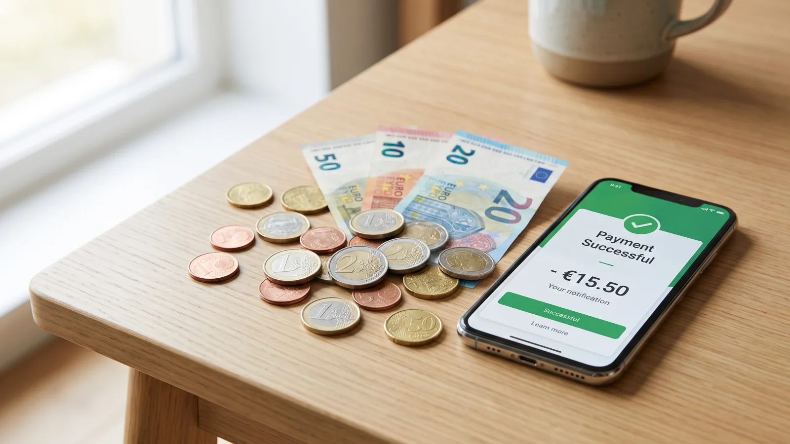 Pièces et billets en euros à côté d'un smartphone affichant une notification de paiement