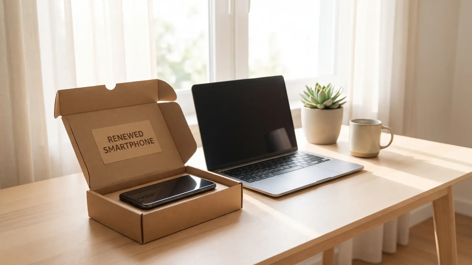 Smartphone reconditionné dans son carton à côté d'un ordinateur portable